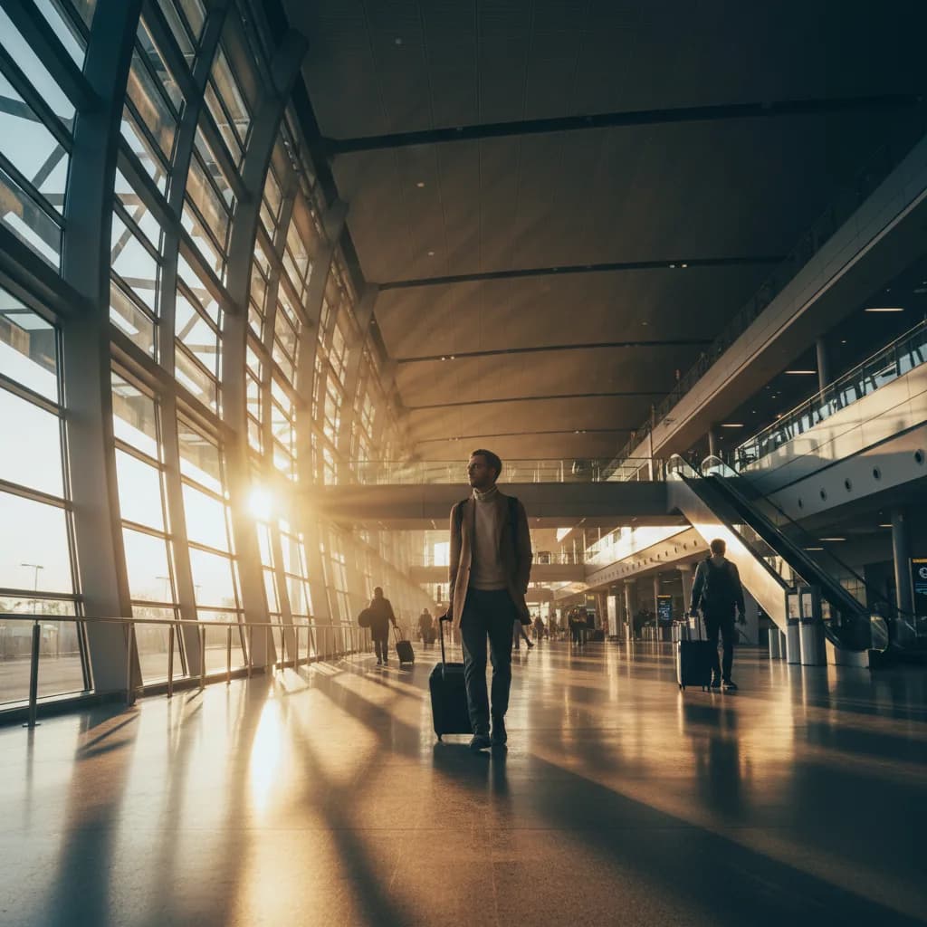 A traveller crossing a sunlit departure hall, case in hand.